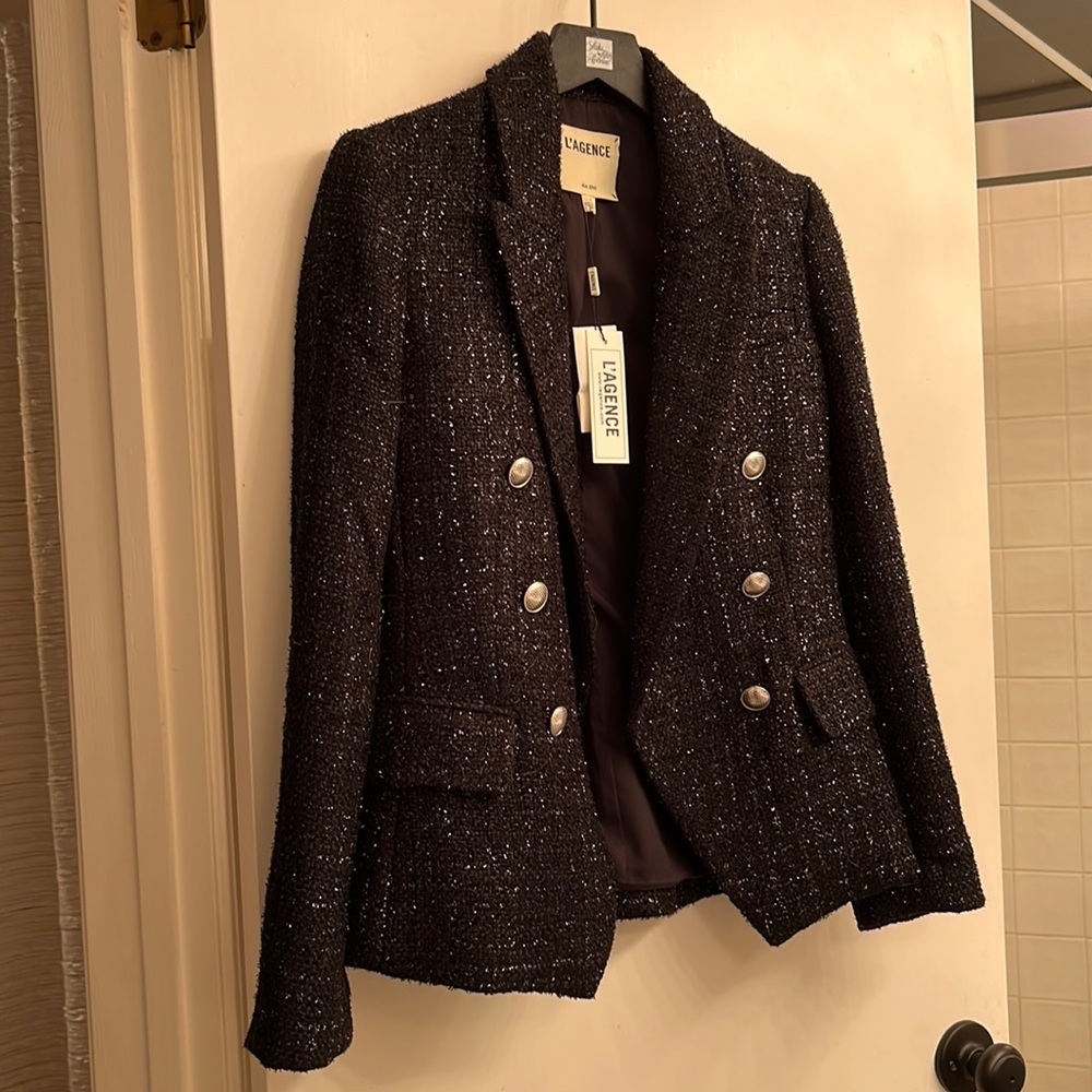 L'AGENCE Textured Black Blazer with Metallic Buttons